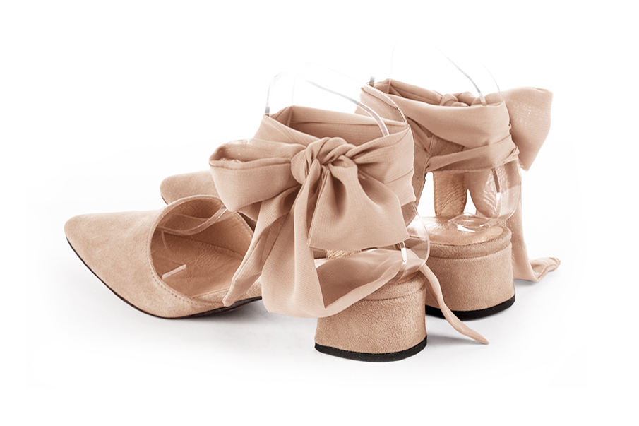 Powder pink women's open back shoes, with an ankle scarf. Tapered toe. Low flare heels. Rear view - Florence KOOIJMAN